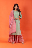 Kalki's Solid Sage Green and Pink Kurta Set with Sharara and Dupatta