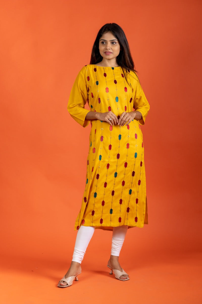 Yellow Casual Straight Kurta with Multicolored Embroidery