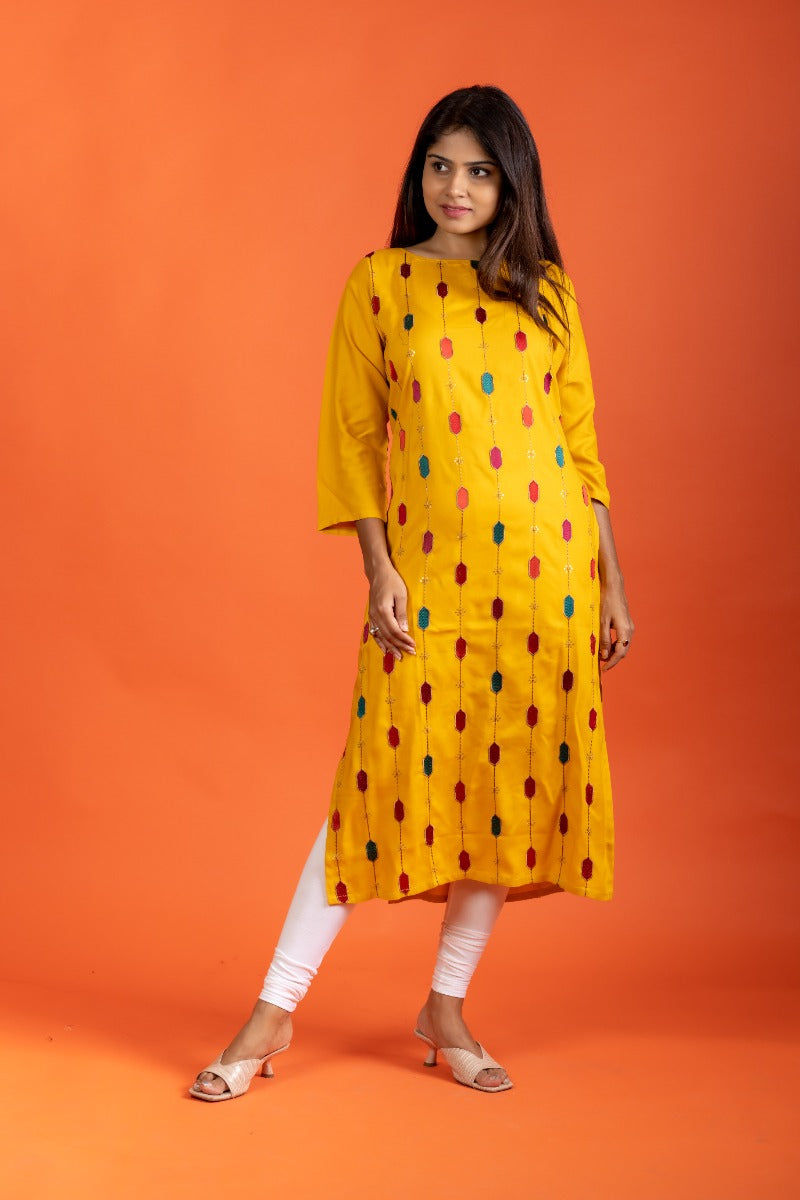 Yellow Casual Straight Kurta with Multicolored Embroidery
