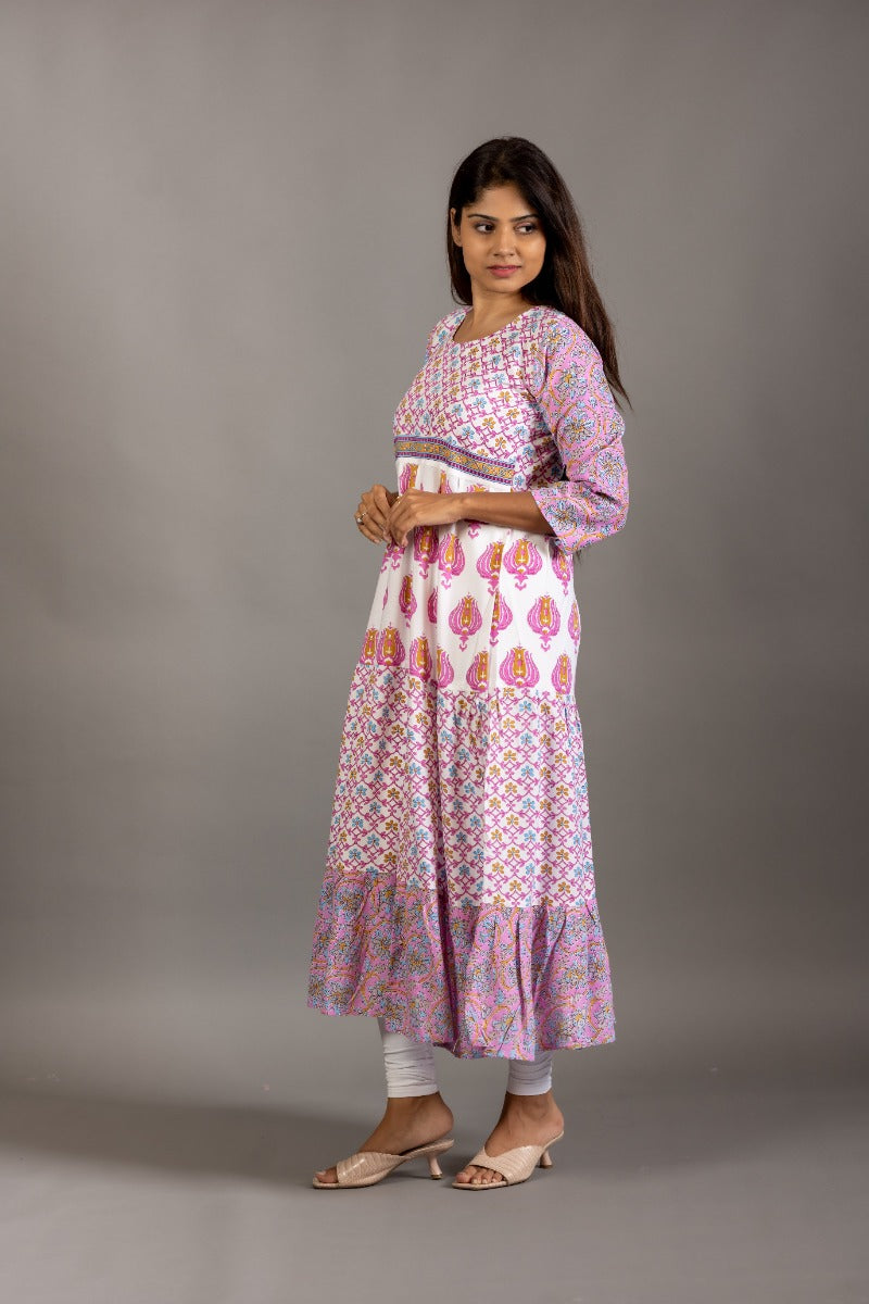 Women Authentic Motif Printed Lavender and White Printed Cotton A-line Kurta