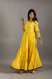Annika's Traditional Bright Yellow Tiered Printed A-line Kurta for Women