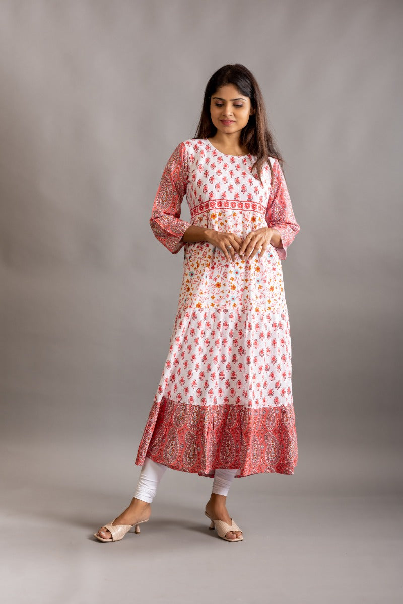 Women White and Red Authentic Floral Printed Cotton A-line Kurta