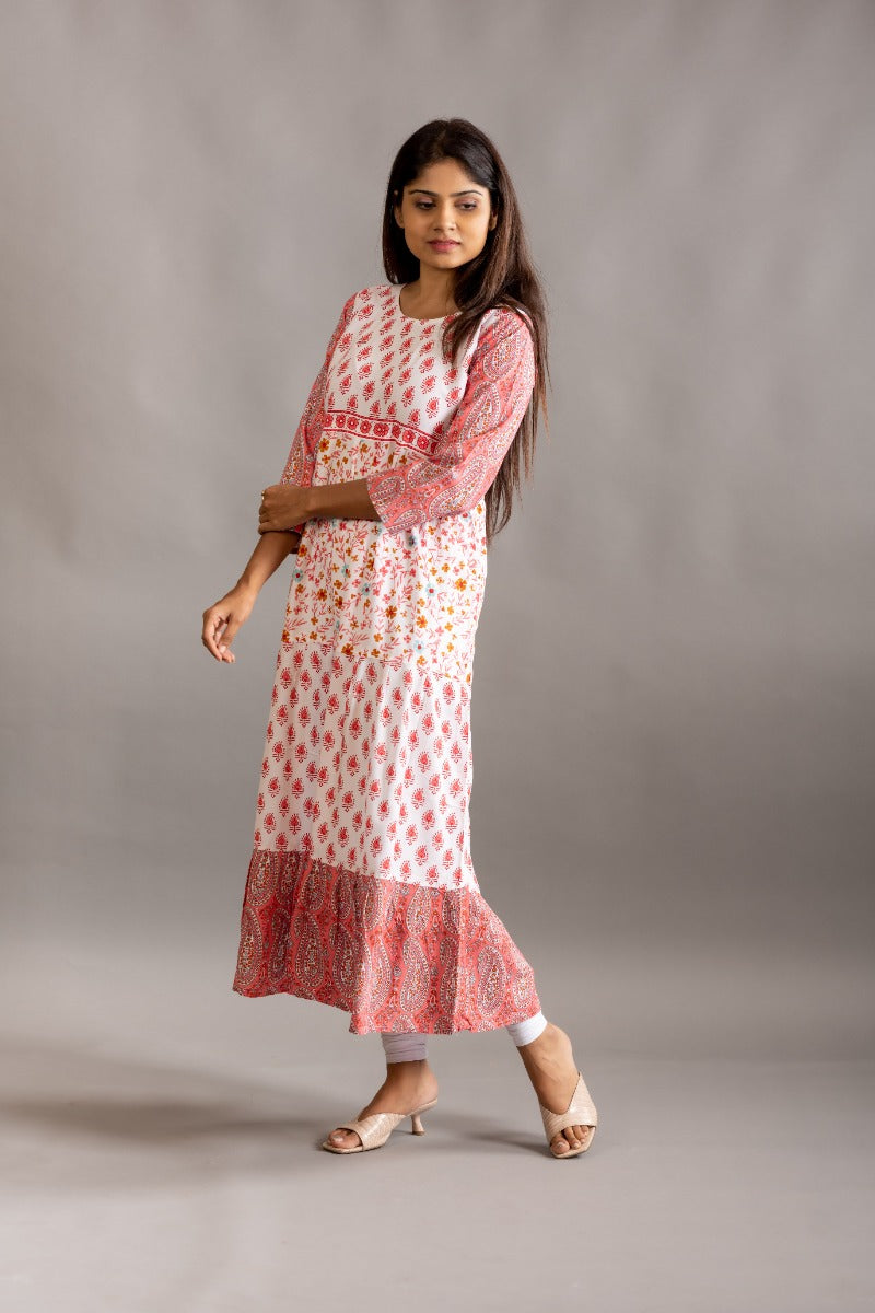 Women White and Red Authentic Floral Printed Cotton A-line Kurta