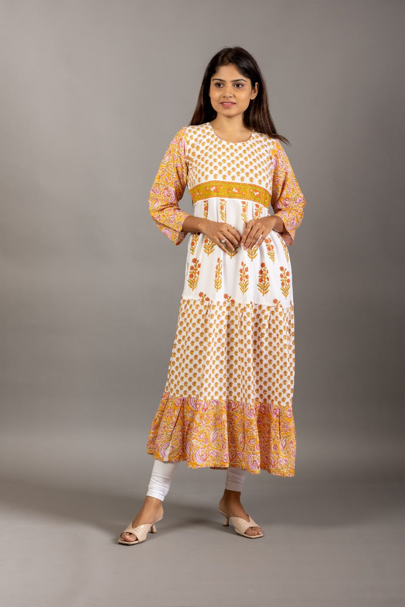 Mustard Yellow Floral Printed Cotton Daily Wear A-line Kurta for Women
