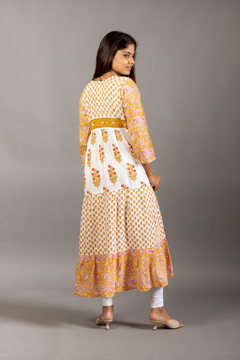 Mustard Yellow Floral Printed Cotton Daily Wear A-line Kurta for Women