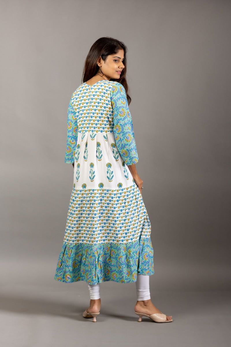 Turquoise and White Floral Printed Cotton A-line Kurta