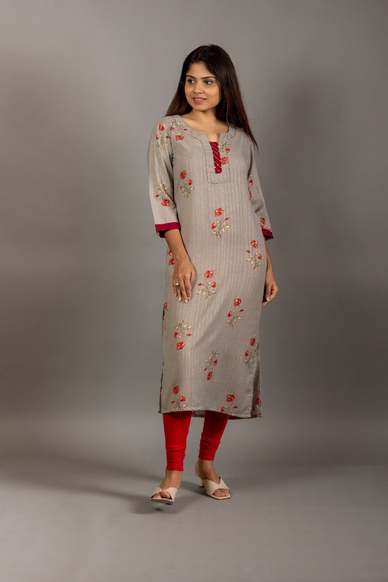 Women Grey and Red Floral Printed Casual Straight Kurta