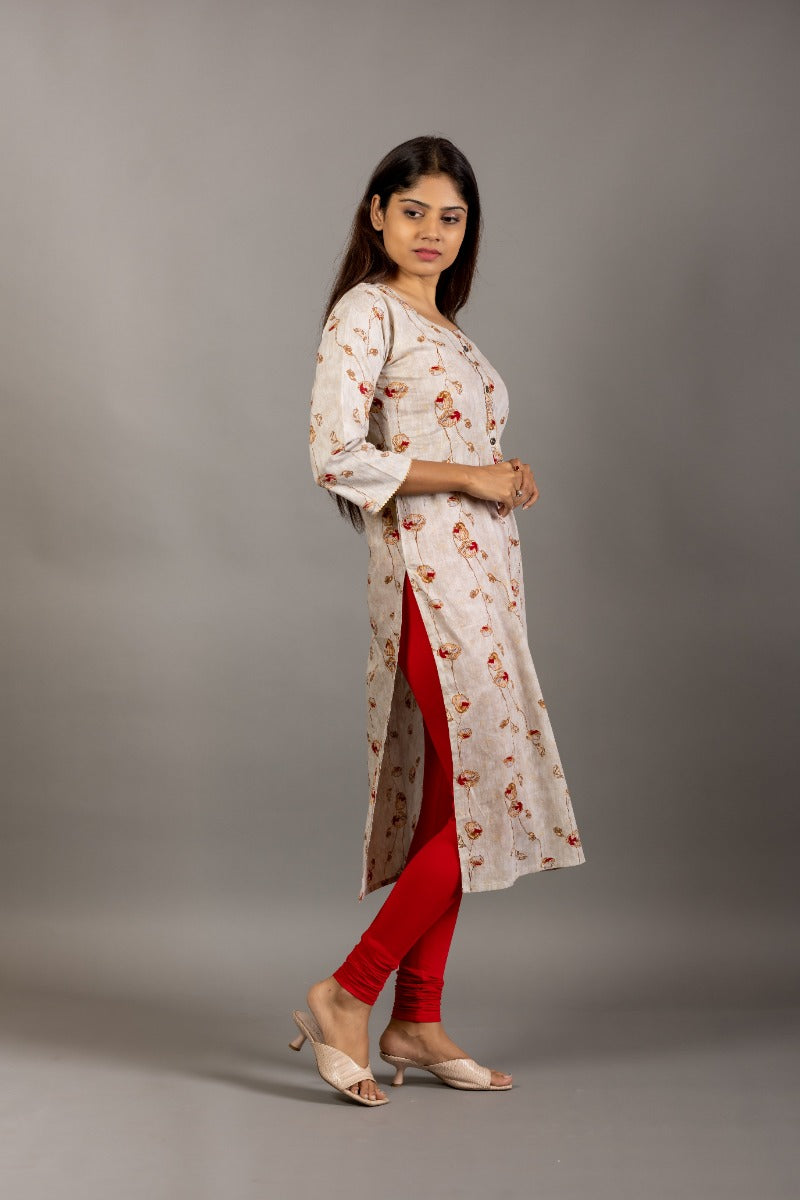 Women Beige and Red Floral Printed Casual Straight Kurta