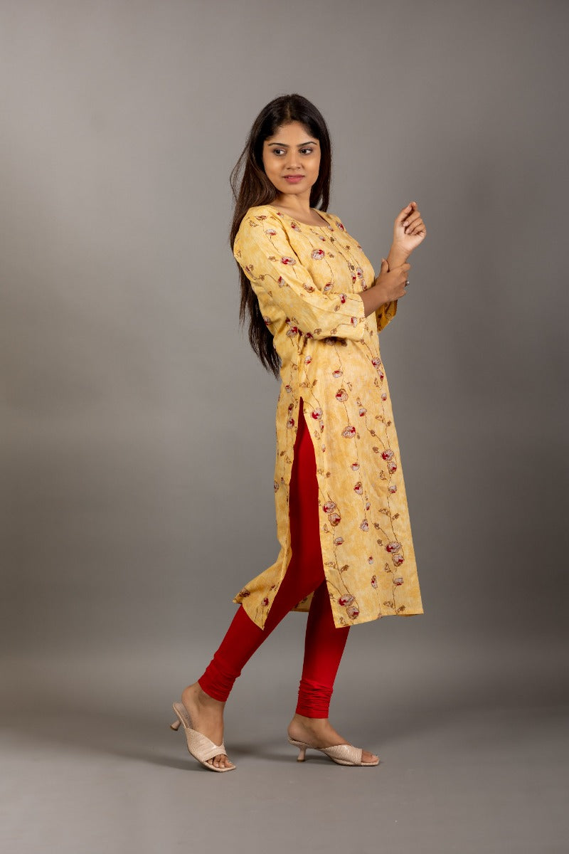 Women Yellow & Red Floral Printed Casual Straight Kurta