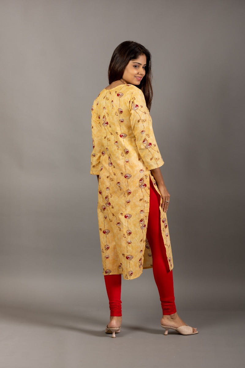 Women Yellow & Red Floral Printed Casual Straight Kurta