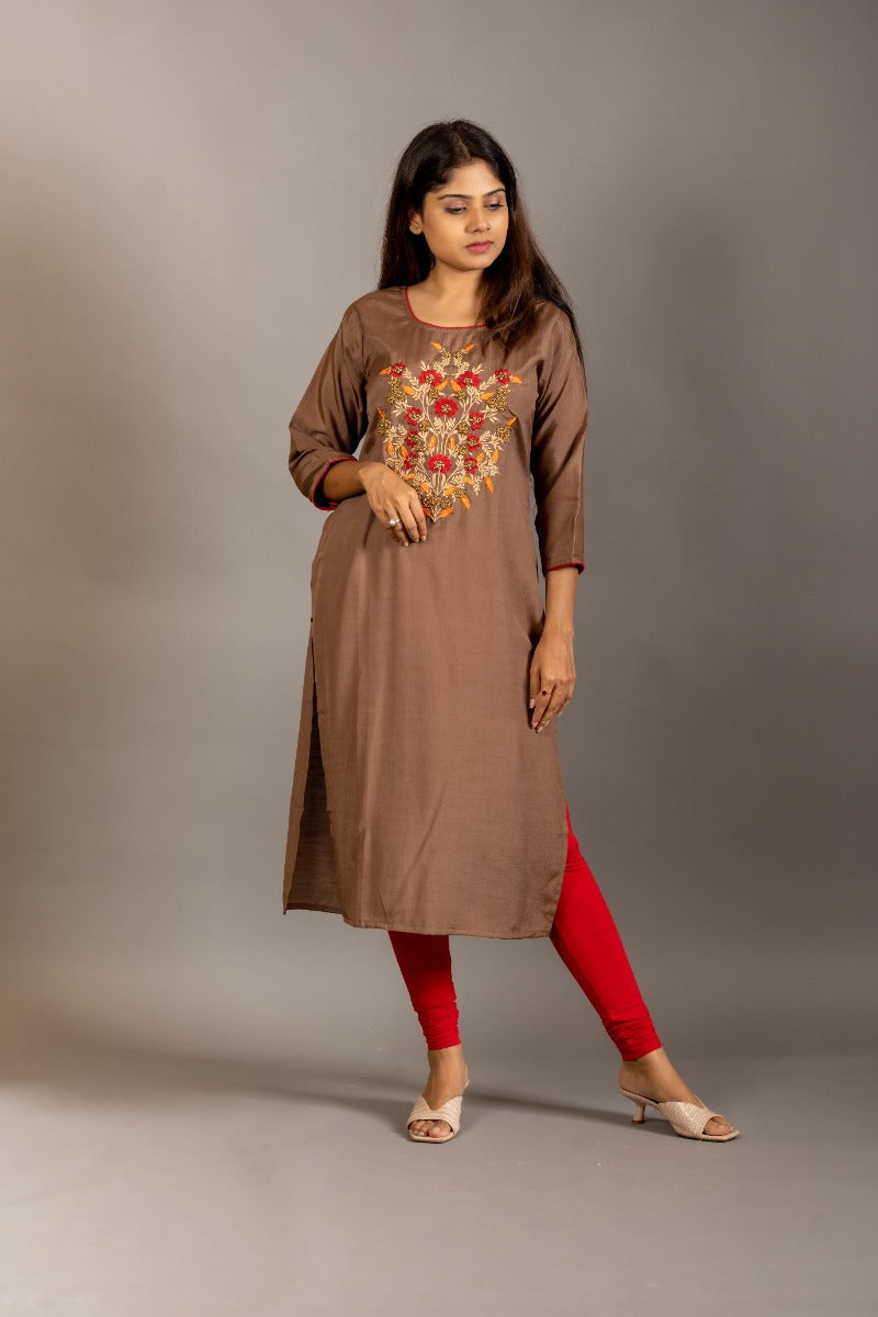 Brown Floral Embroidered Yoke Fancy Straight Kurta