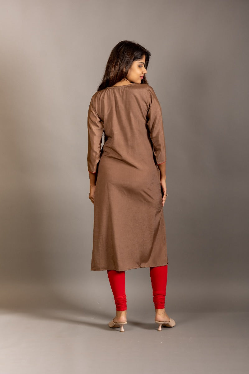 Brown Floral Embroidered Yoke Fancy Straight Kurta