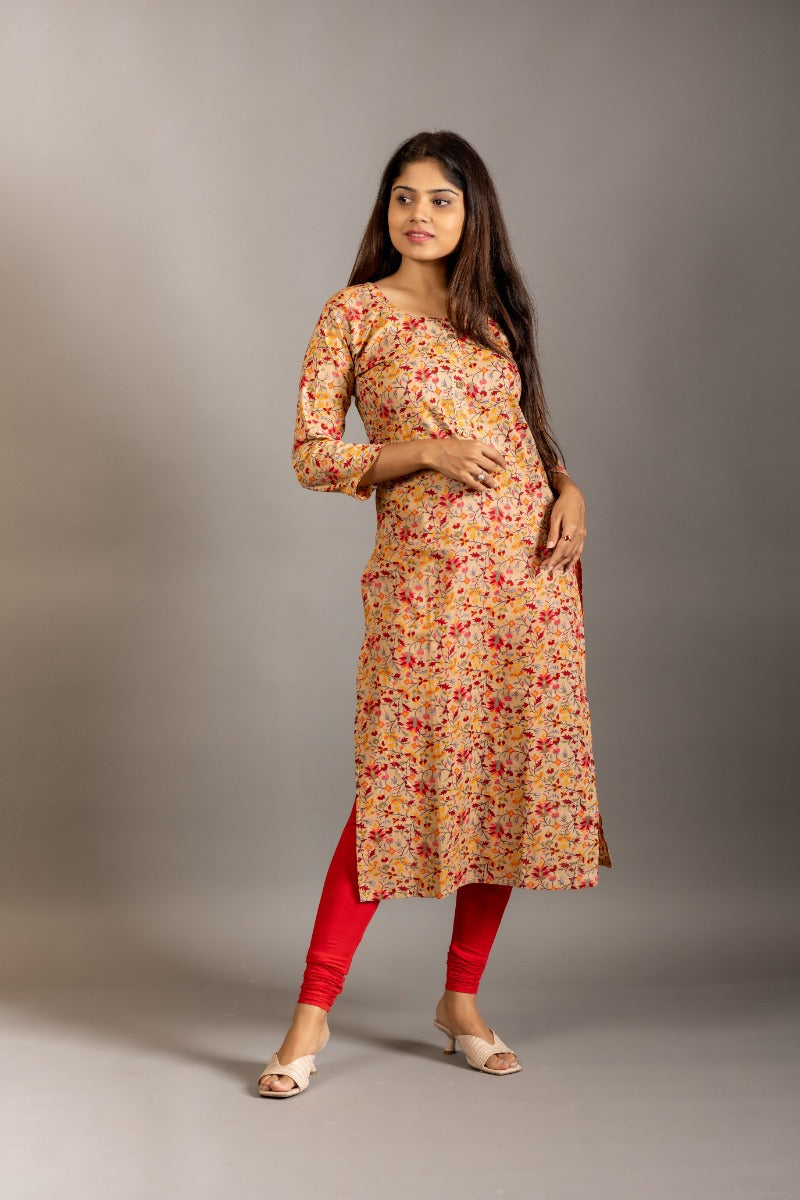 Women Cream and Red Floral Printed Casual Straight Kurta