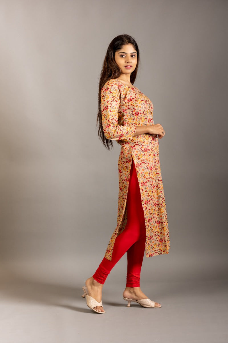 Women Cream and Red Floral Printed Casual Straight Kurta