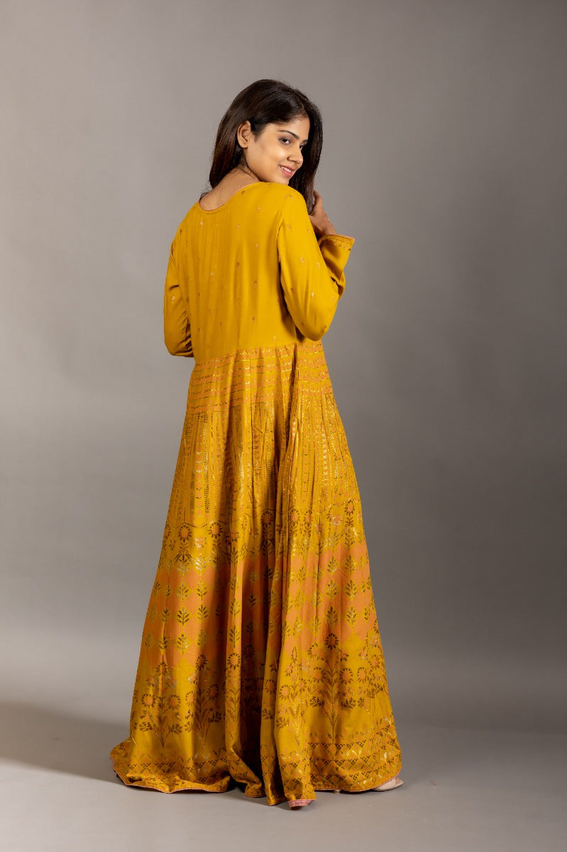 Kalki's Mustard Yellow Printed Full-length A-line Kurta for Women