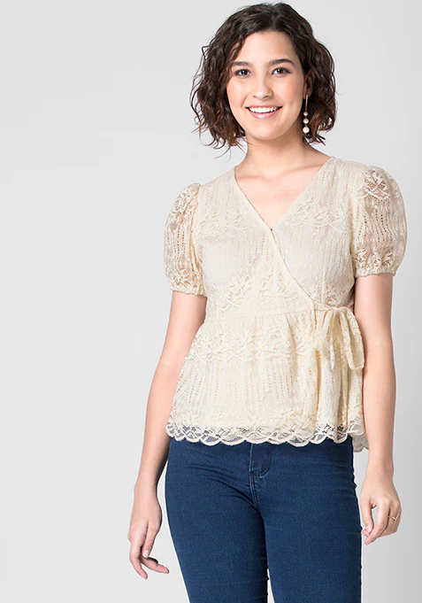 Faballey White Wrap Peplum Lace Top