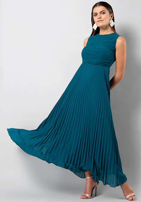 Faballey Teal Pleated Maxi Dress
