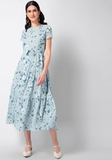 Faballey Blue Grey Floral Belted Midi Dress