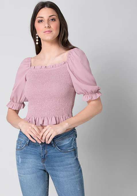 Faballey Pastel Pink Smocked Puff Sleeve Crop Top