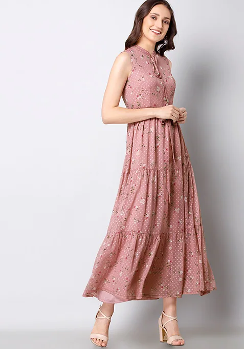 Faballey Pink Floral Tiered Maxi Dress