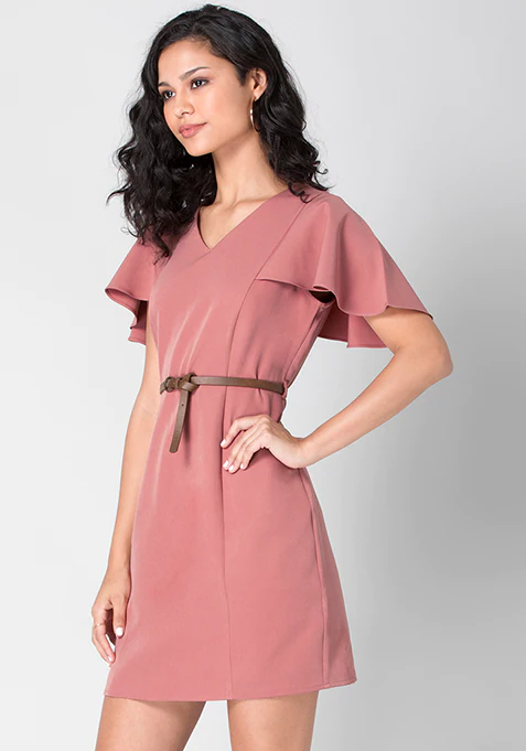 Faballey Dusty Pink Ruffled Sleeve Bodycon Dress with Tan Belt