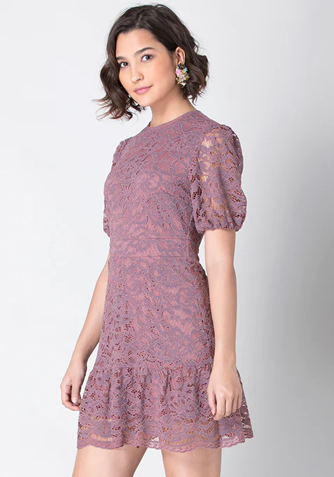 Faballey Lilac Lace Puff Sleeve Dress