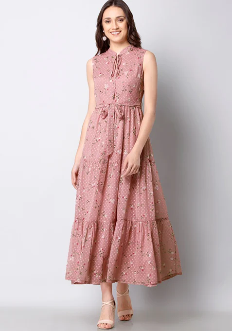 Faballey Pink Floral Tiered Maxi Dress
