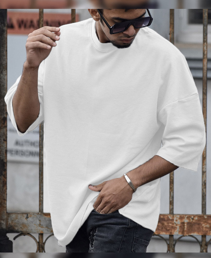 Power Look Urban White Solid Oversize Drop Shoulder T-shirt for Men