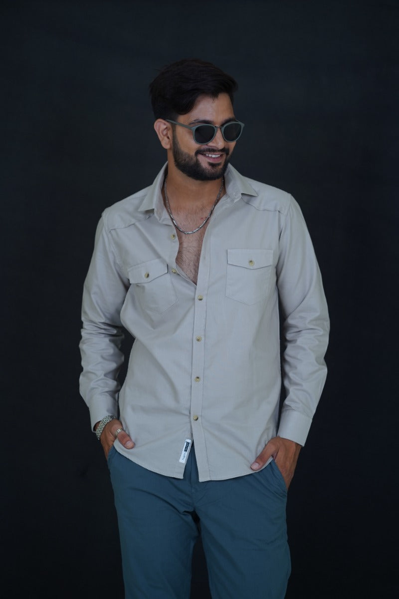 Huginn and Muninn Cream Dual Patch Pocket Full Sleeve Shirt for Men