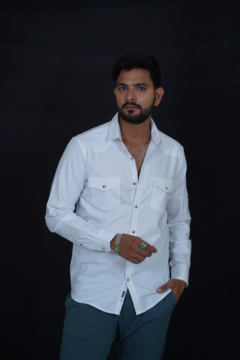Huginn and Muninn White Dual Patch Pocket Full Sleeve Shirt for Men