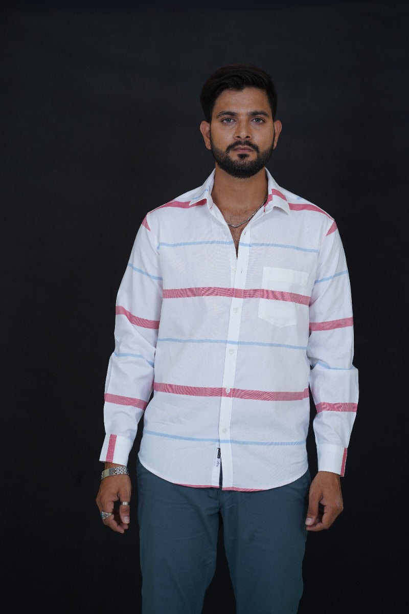Huginn and Muninn White & Red Striped Cotton Full Sleeve Shirt for Men