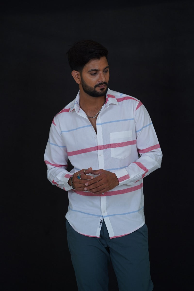 Huginn and Muninn White & Red Striped Cotton Full Sleeve Shirt for Men