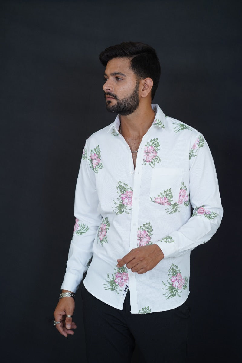 Huginn and Muninn White Floral Printed Full Sleeve Shirt for Men