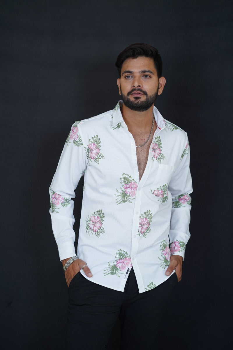Huginn and Muninn White Floral Printed Full Sleeve Shirt for Men