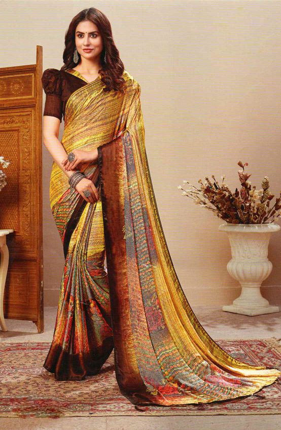 Satyam Laher Glazing yellow saree with ash grey lines