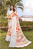 SR White saree with colourful rain drop patterns