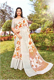 SR White saree with orange florals.