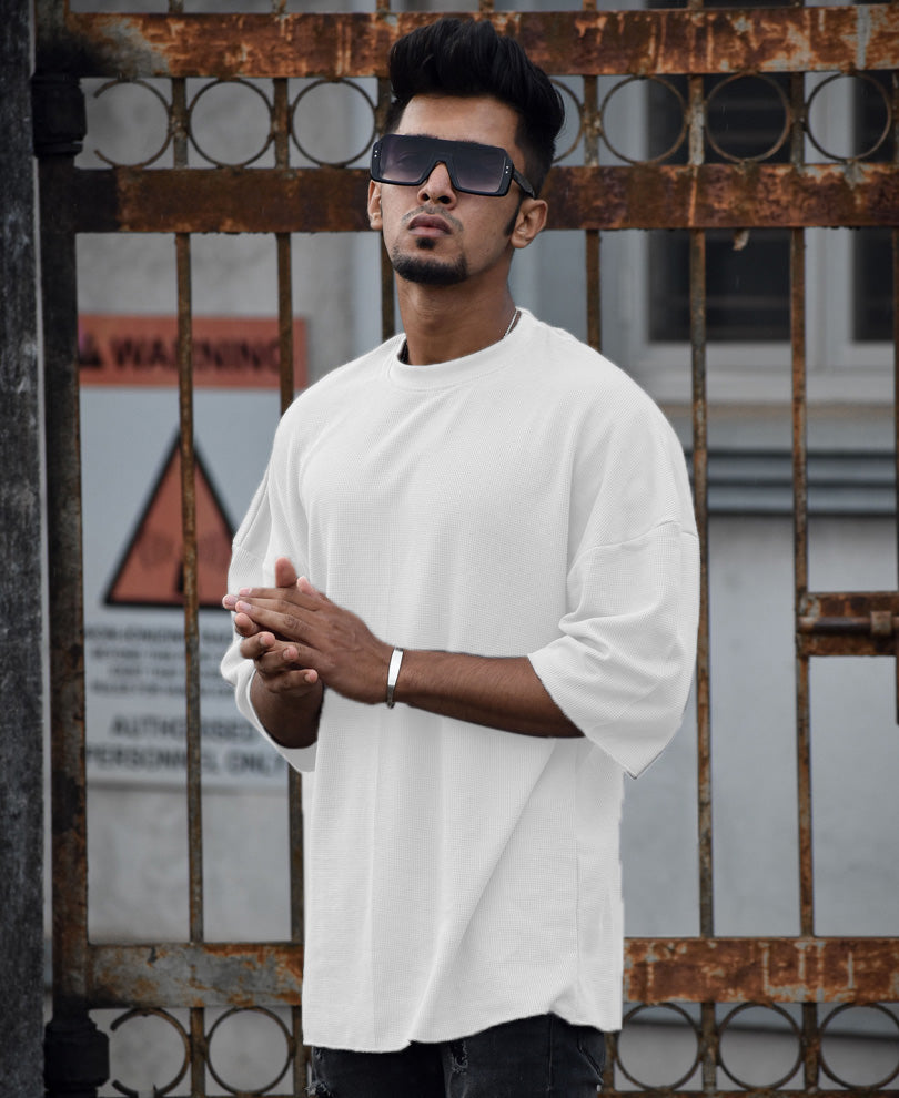 Power Look Urban White Solid Oversize Drop Shoulder T-shirt for Men