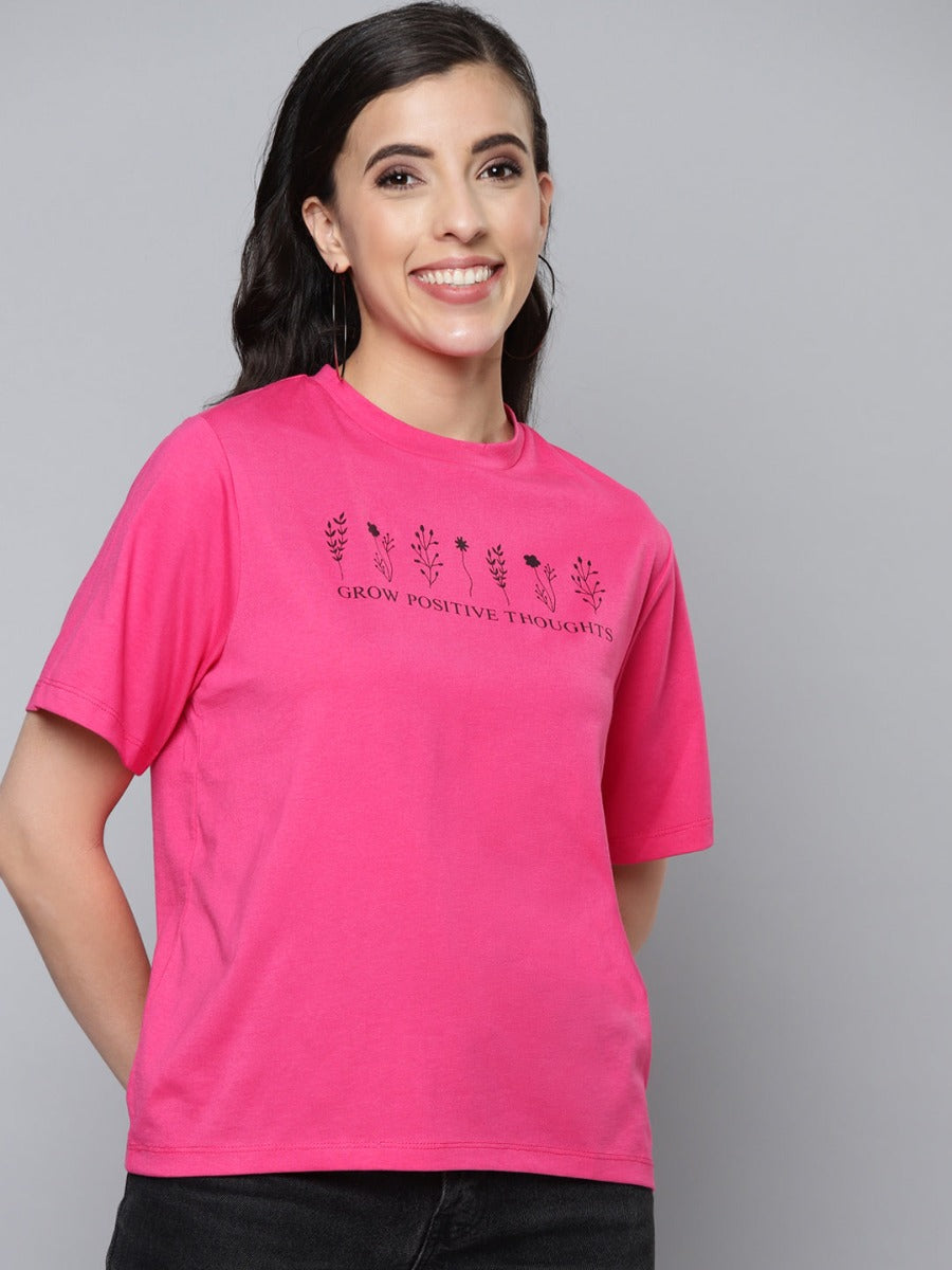 Gozars Women Fuchsia Typography Regular T-Shirt