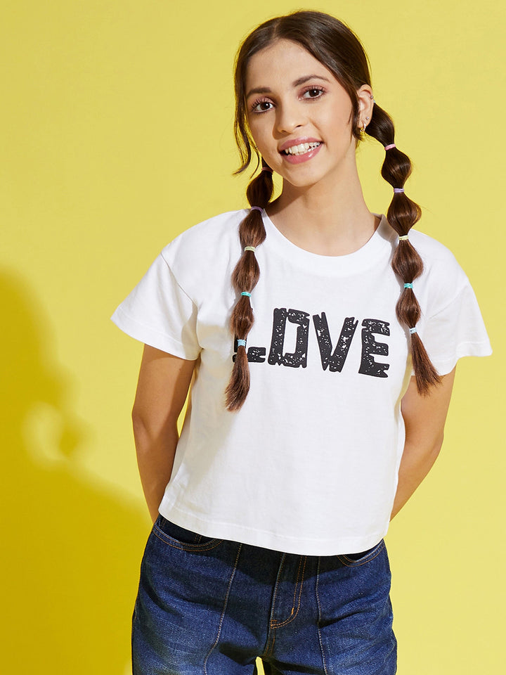 Gozars Girls White LOVE Print Crop T-Shirt