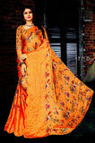 Shivalaya Brightly Coloured Orange Floral Satin Saree