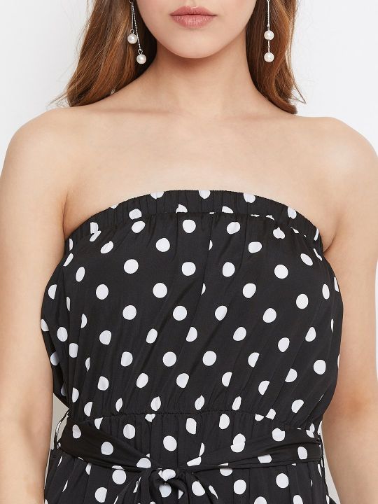 Berrylush Strapless off Shoulder Black Polka Dot Print Jumpsuit