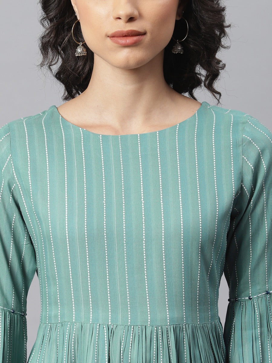Janasya Turquoise Striped Flared Tunic for Women