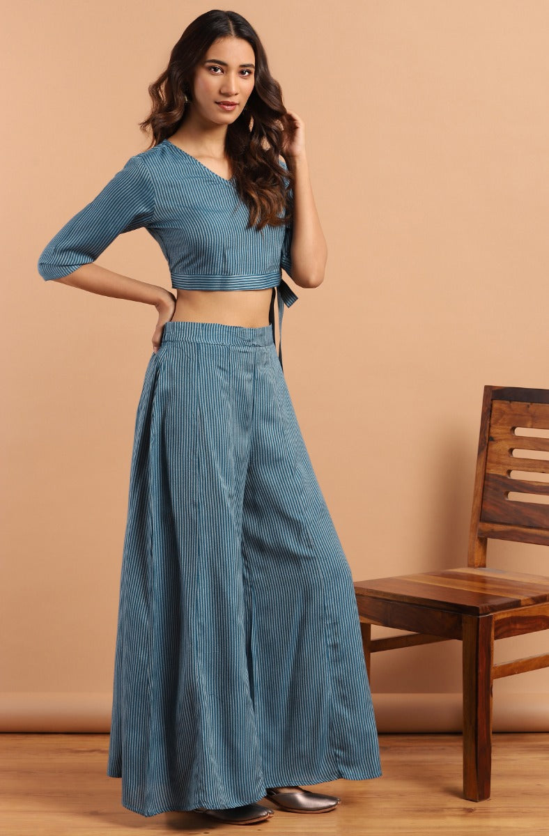 Janasya Teal Striped Co-Ord Set of Crop Top and Palazzo