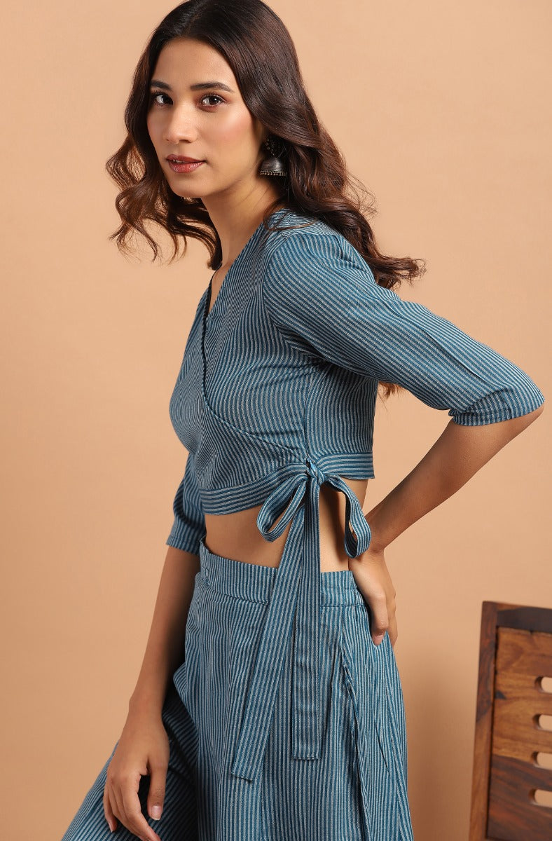Janasya Teal Striped Co-Ord Set of Crop Top and Palazzo