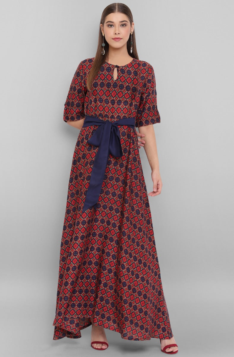 Janasya Red and Blue Motif Patterned Maxi for Women