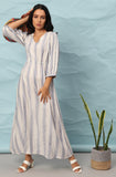 Janasya White and Faded Blue Striped Maxi for Women