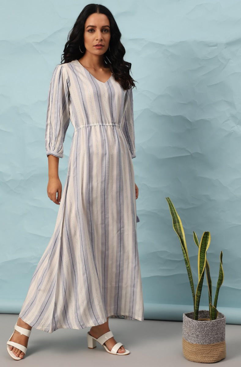 Janasya White and Faded Blue Striped Maxi for Women