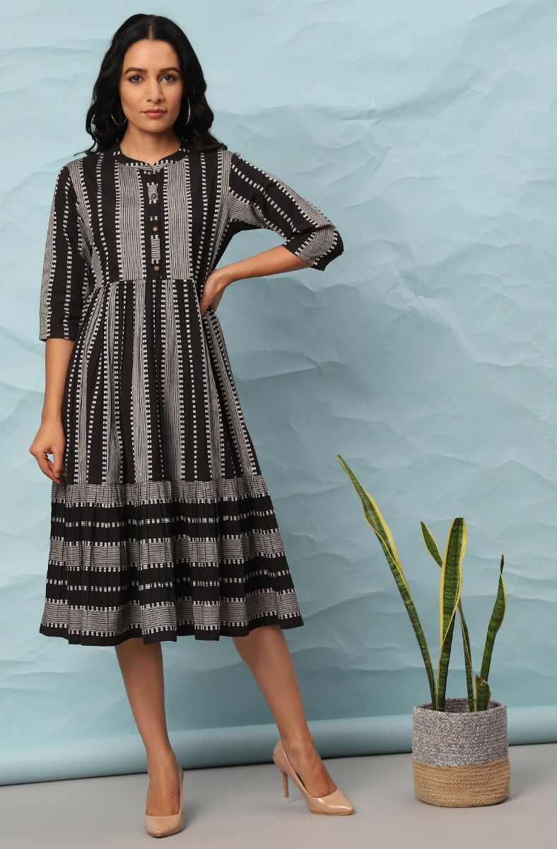 Janasya Black and Grey Striped A-line Dress for Women