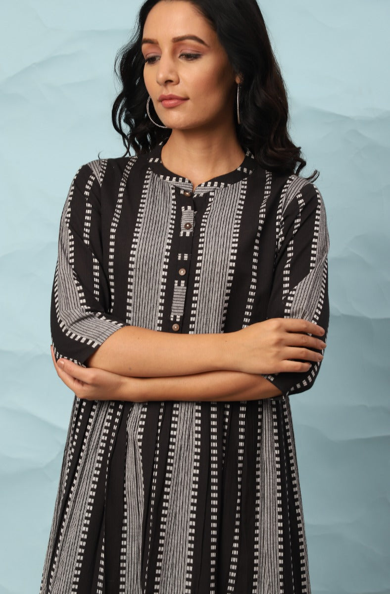 Janasya Black and Grey Striped A-line Dress for Women